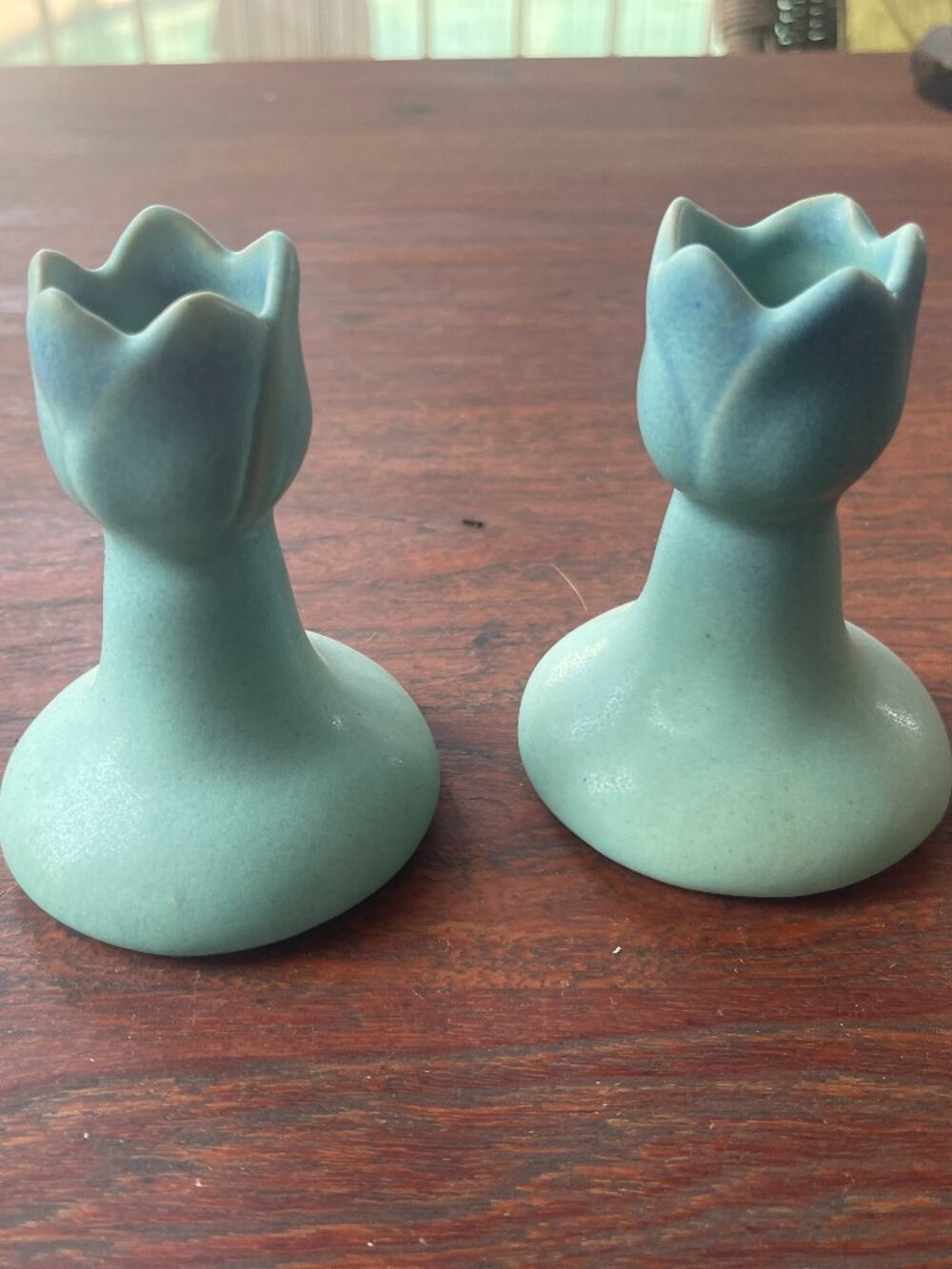 Art Nouveau Van Briggle Pottery Ming Blue Matte Glaze Tulip Candlesticks - Pair